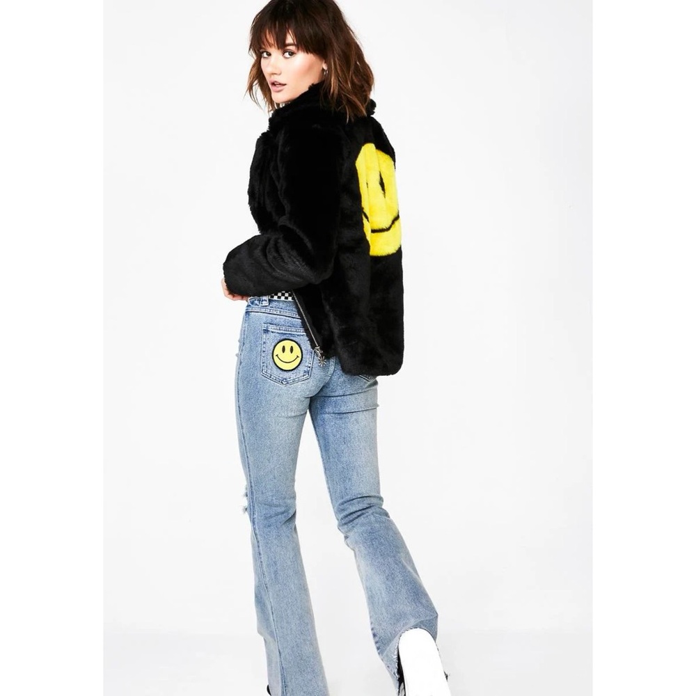 dELiA*s x Dolls Kill Black Faux Fur Jacket with Yellow Smiley - Picture 3 of 4